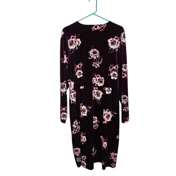 Faux Wrap Crushed Velevt Floral V-Neck Bodycon Burgundy Dress - Picture 2 of 6